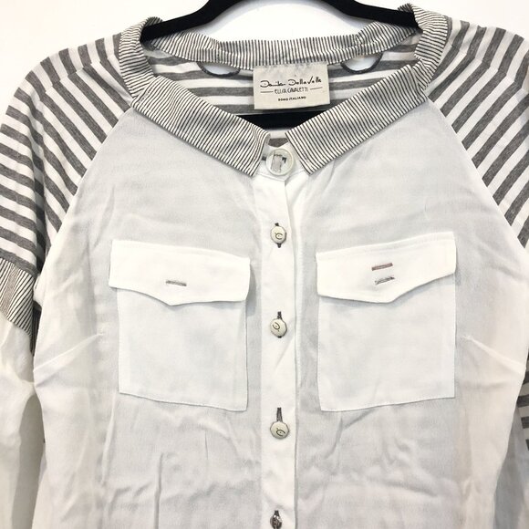 Elisa Cavaletti Striped Button-Down Shirt Unique Collar Button Size M White Grey - Picture 4 of 11